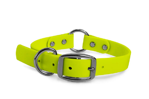 WearHard neon yellow center-ring dog collar. Metal buckle. Adjustable. Waterproof. Odor resistant. 