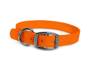 WearHear blaze orange dog collar. Metal buckle. Adjustable. Waterproof. Odor resistant. 