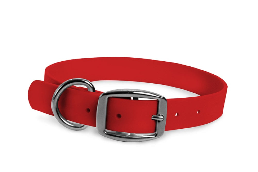 WearHard red dog collar. Metal buckle. Adjustable. Waterproof. Odor resistant. 