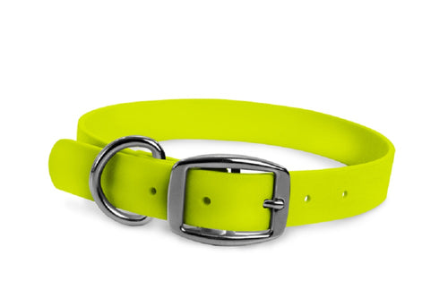 WearHard neon yellow dog collar. Metal buckle. Adjustable. Waterproof. Odor resistant. 